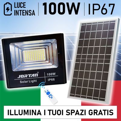 Faro Led 100W Jortan 196LED  con Pannello Solare Telecomando Batteria Lunga Durata IP67 LUCE INTENSA