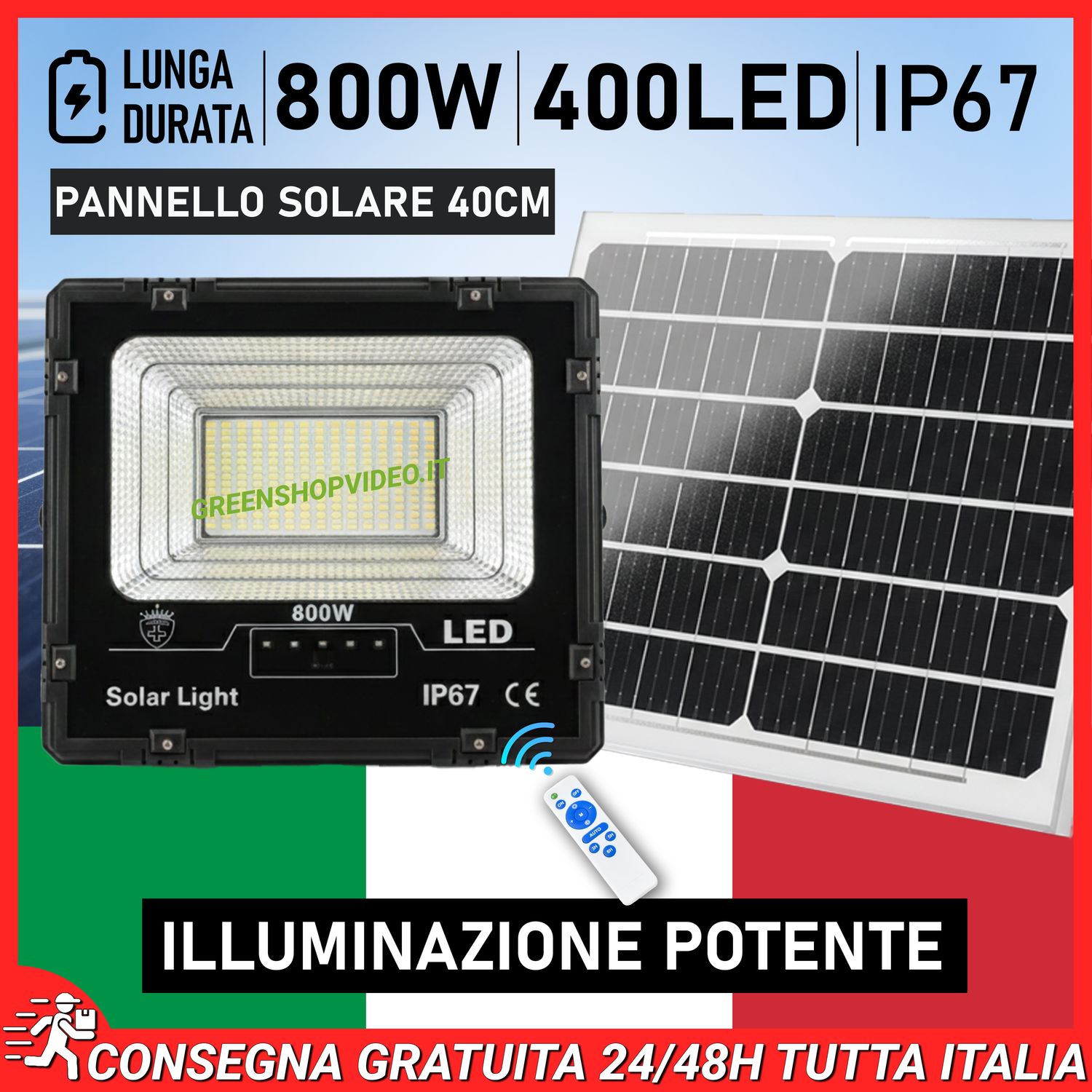 Faro 400 Led 800W con Pannello Solare Batterie al Litio Telecomando
