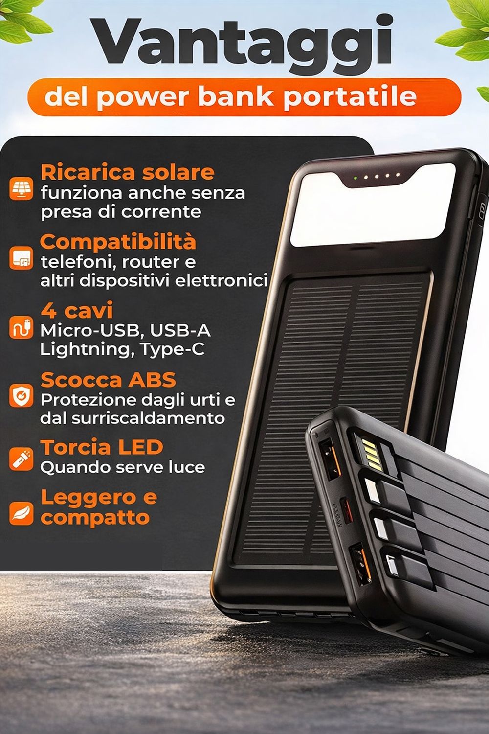Power Bank Ricarica Energia Solare 12000 mAh 8 Porte USB C + Micro + Torcia LED