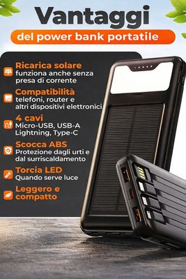 Power Bank Ricarica Energia Solare 12000 mAh 8 Porte USB C + Micro + Torcia LED