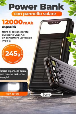 Power Bank Ricarica Energia Solare 12000 mAh 8 Porte USB C + Micro + Torcia LED