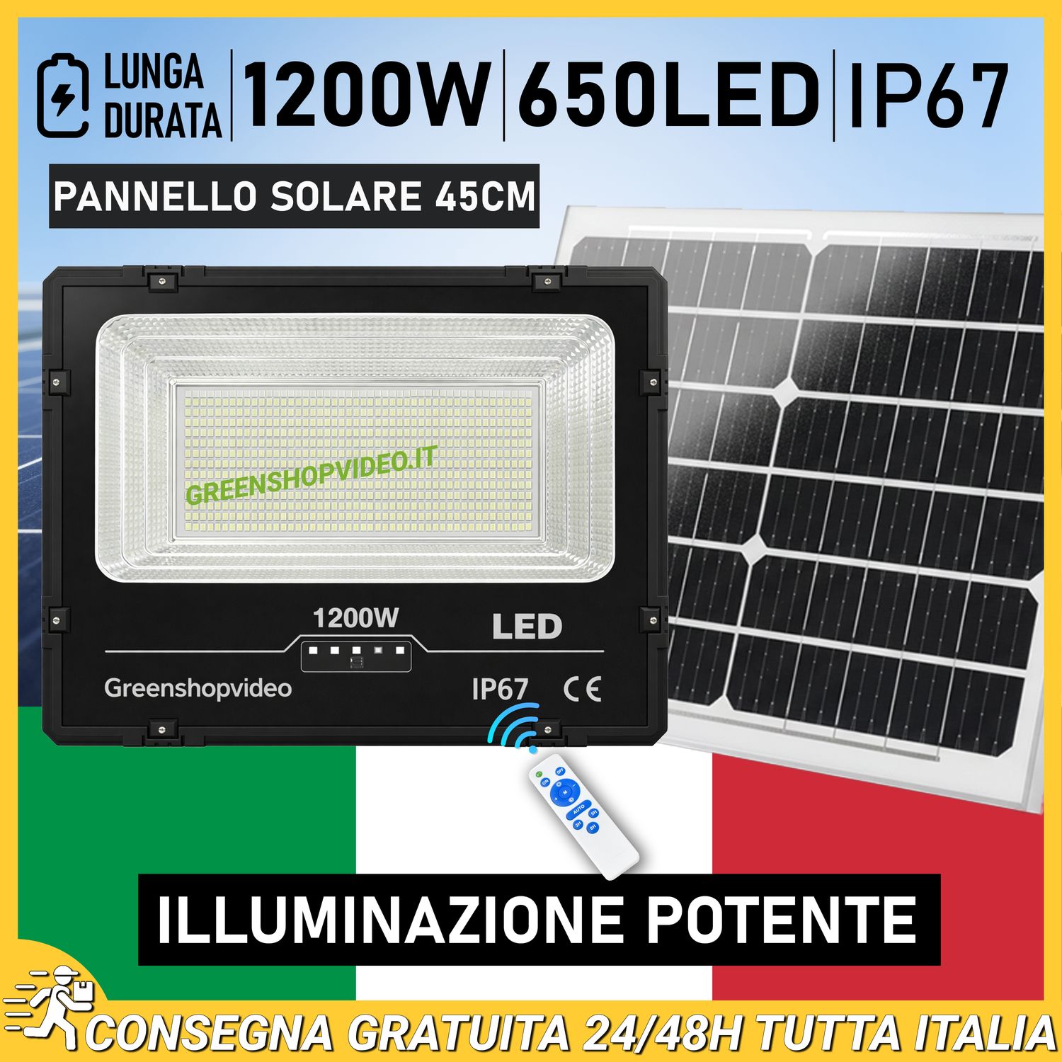 Faro 1200W 650 LED con Pannello Solare Telecomando Batteria Faretto Molto Forte