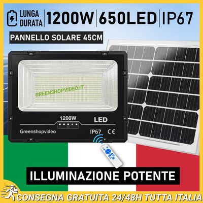 Faro 1200W 650 LED con Pannello Solare Telecomando Batteria Faretto Molto Forte