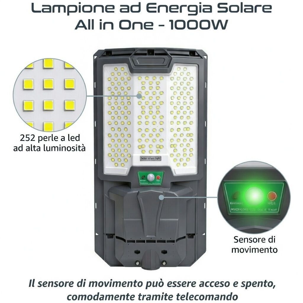 Lampione ad Energia Solare 1000W con sensore di Movimento 252 LED SMD in perle, alta luminosità e durata