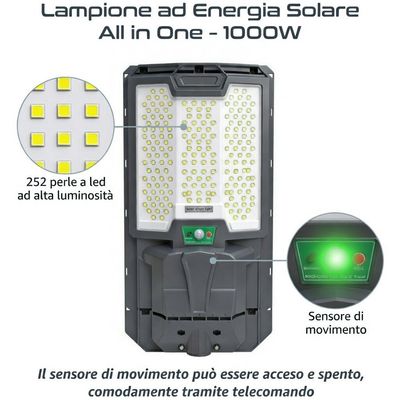 Lampione ad Energia Solare 1000W con sensore di Movimento 252 LED SMD in perle, alta luminosità e durata