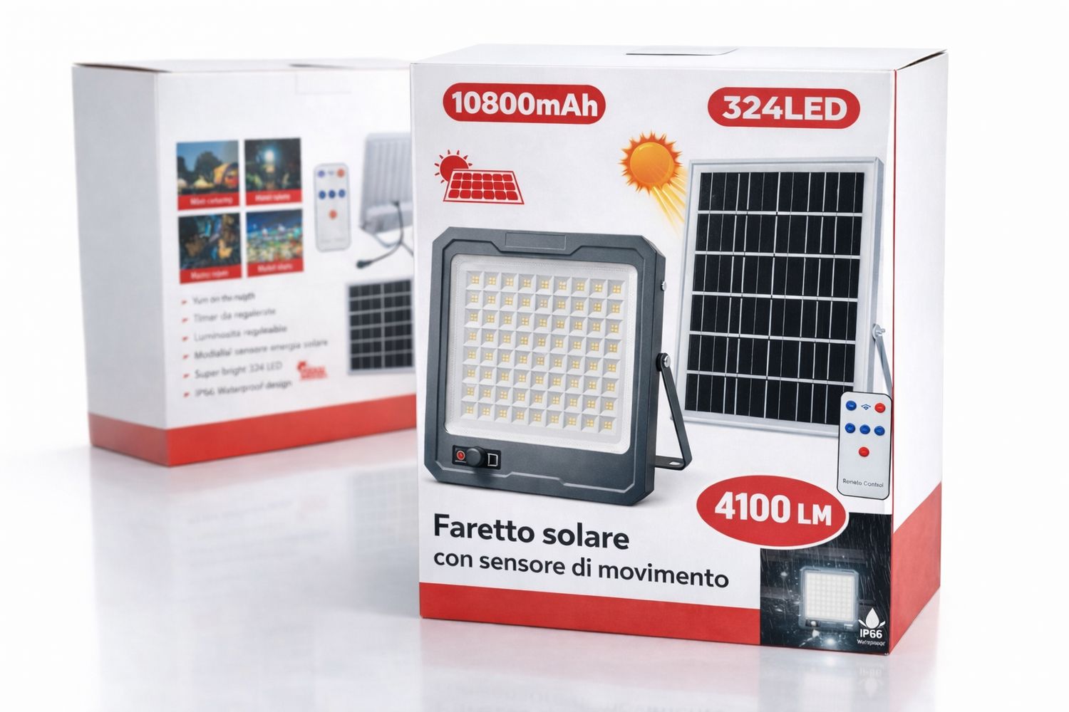 Faro ad Energia Solare con Sensore di Movimento Super Luminoso, 200W Reali, 4100 Lumen, 324 LED, Telecomando, Design Slim, lunga durata, IP66 per Giardino, Cortile
