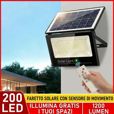 Faretto Solare con Sensore di Movimento Telecomando e Pannello Rotabile 200 LED 1200 Lumen per Giardini e Cortili