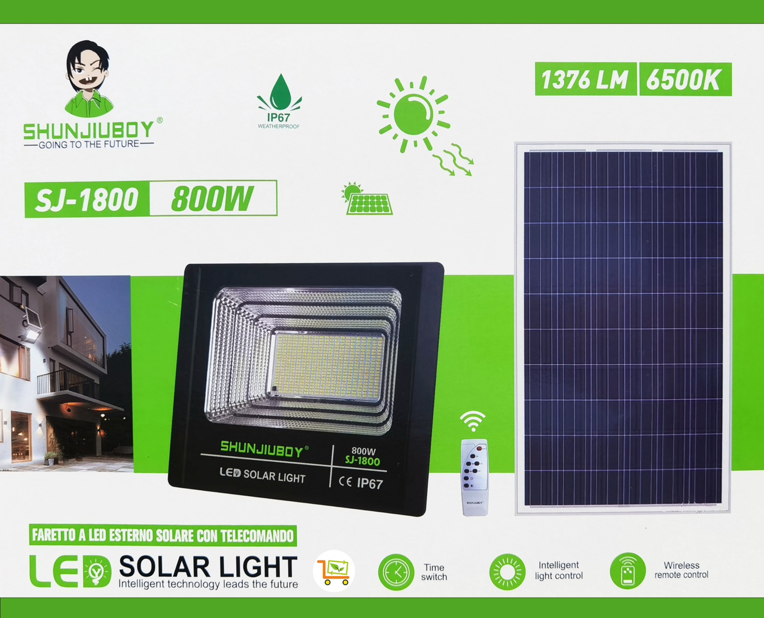 Faro 497 Led 800W con Pannello Solare Telecomando Batteria 12 Ore Faretto IP67++