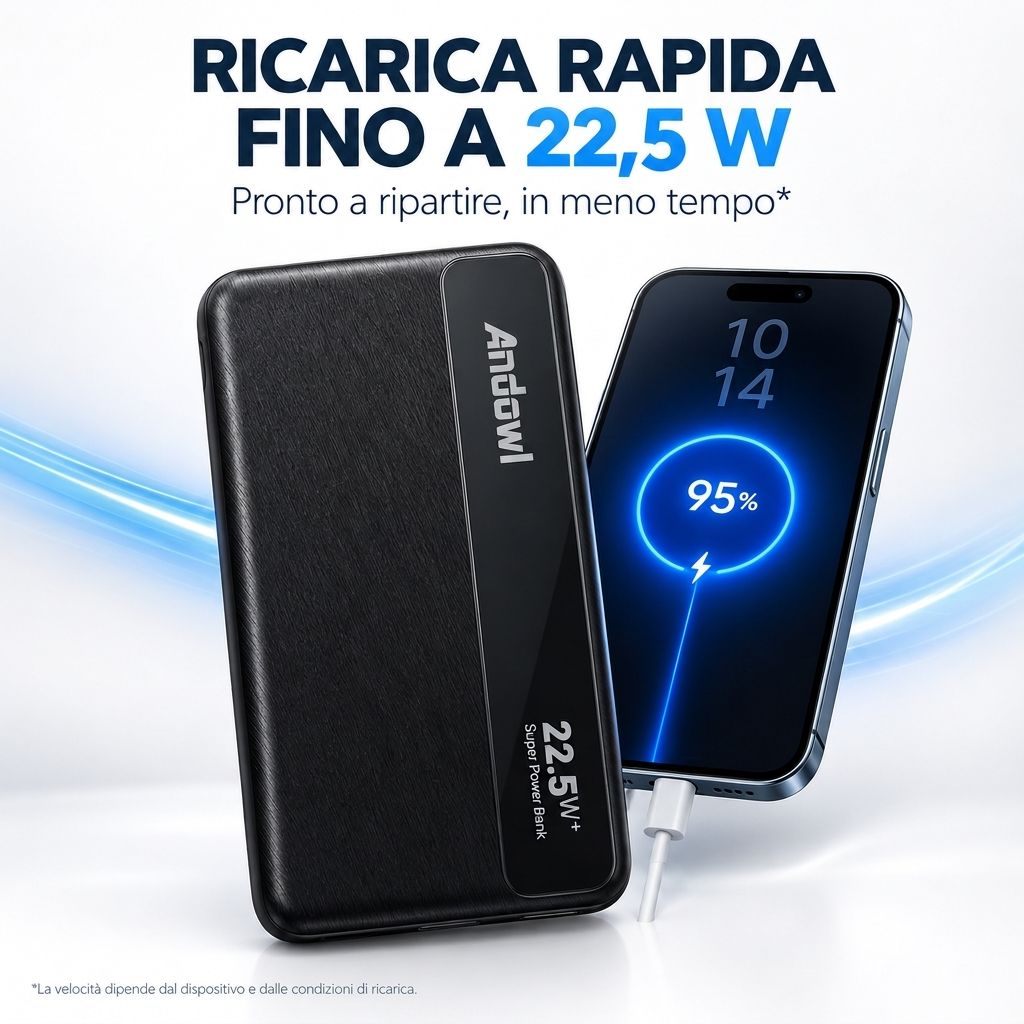 Power Bank 15.000 mAh 22.5W Turbo Power con cavi integrati Tipo-C e Lightning