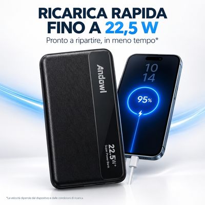 Power Bank 15.000 mAh 22.5W Turbo Power con cavi integrati Tipo-C e Lightning