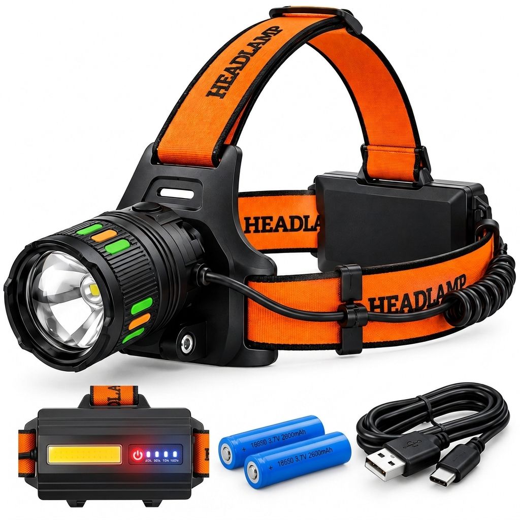 Torcia Frontale LED 500M Potente Ricaricabile Zoom con 2 Batterie Trekking Pesca Montagna Tattica