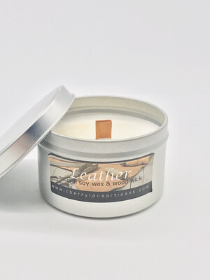 Leather Scented Soy Wax Candle with Wood Wick, 6 oz Tin.