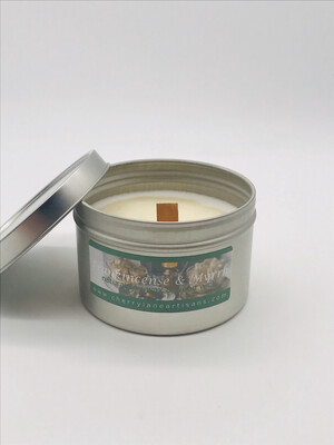 Frank & Myrrh Scented Soy Wax Candle with Wood Wick, 6 oz Tin.