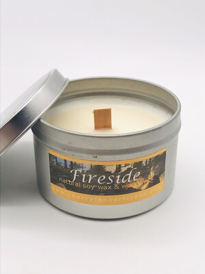 Fireside Scented Soy Wax Candle with Wood Wick, 6 oz Tin.