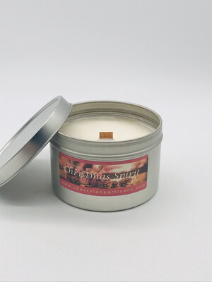 Christmas Spirit Scented Soy Wax Candle with Wood Wick, 6 oz Tin.