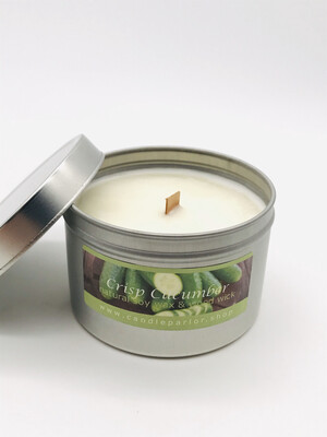Crisp Cucumber Scented Soy Wax Candle with Wood Wick, 6 oz Tin.