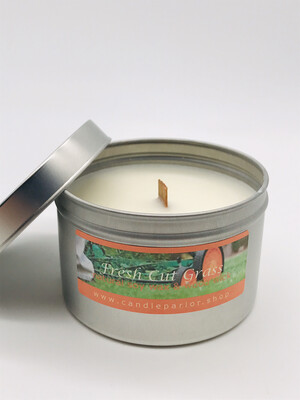 Fresh Cut Grass Scented Soy Wax Candle with Wood Wick, 6 oz Tin.