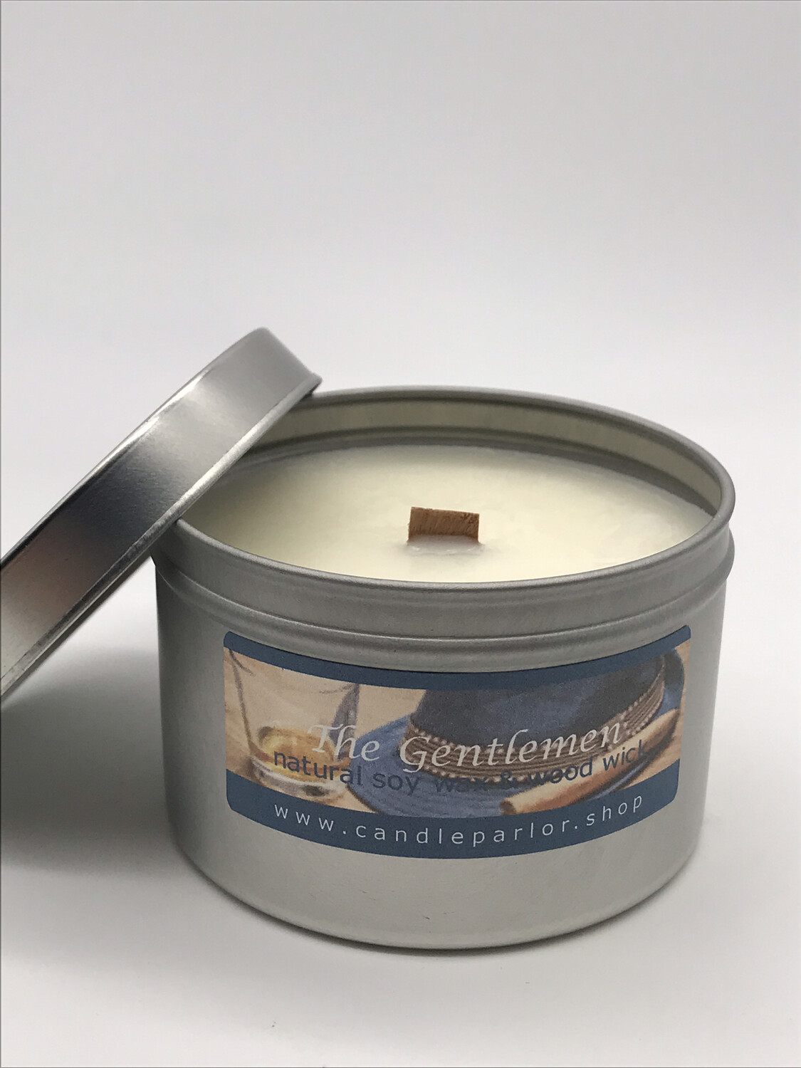 Gentlemen’s  Cologne Scented Soy Wax Candle with Wood Wick, 6 oz Tin.