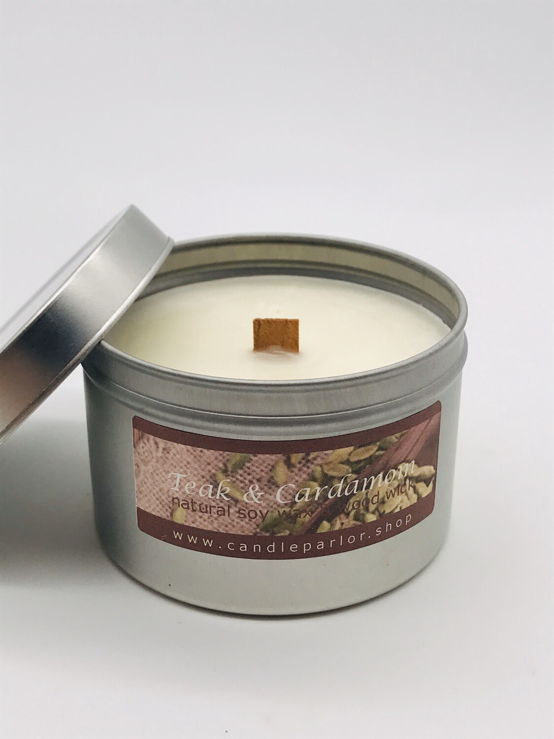 Teak & Cardamon Scented Soy Wax Candle with Wood Wick, 6 oz Tin.