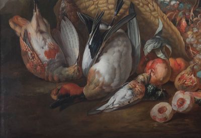 Nature morte au panier de fruits, perdrix, canard (Fuligule Milouin) et grive - Pieter Andreas RYSBRAECK