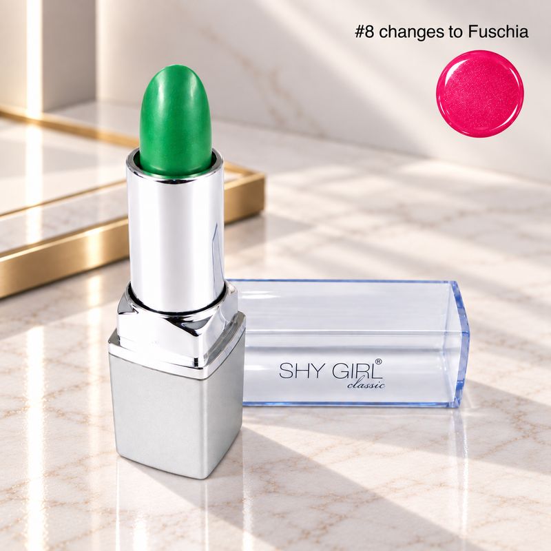 The original Shy Aloe Color Changing Lipstick #08 Changes to Fuschia
