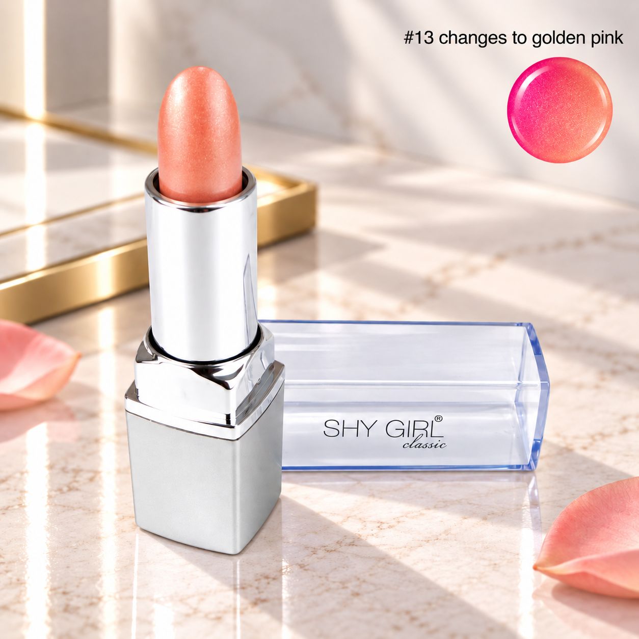 The original Shy Aloe Color Changing Lipstick #13 Changes to Golden Pink