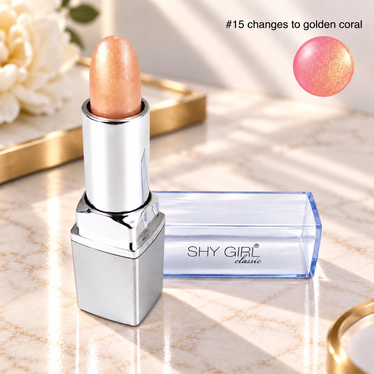 The original Shy Aloe Color Changing Lipstick #15 Changes to Golden Coral