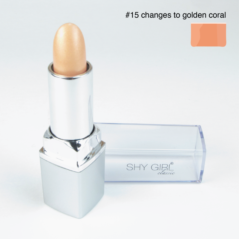 The original Shy Aloe Color Changing Lipstick #15 Changes to Golden Coral