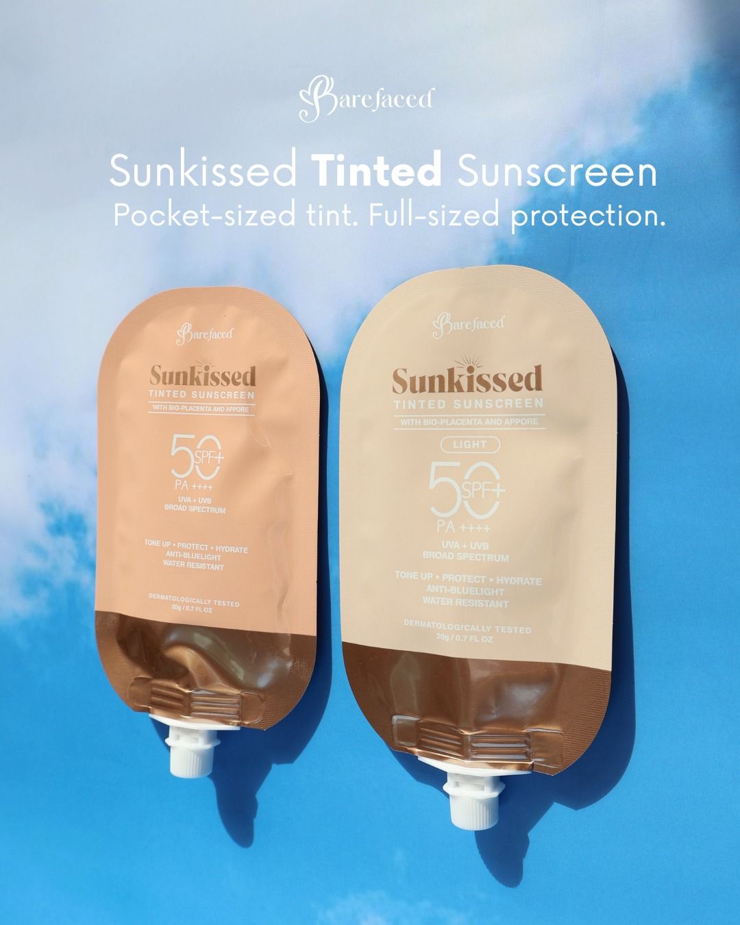 Barefaced Sunkissed TINTED Sunscreen SPF 50 PA++++, 20g - The OG and Light Shades - Packet Sized Pouch/SACHET