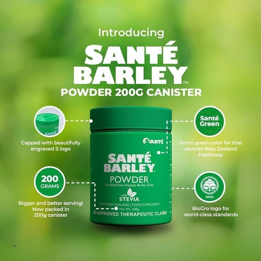 Sante Barley Pure Powder Canister - 200 Grams - Pack of 1 - Gluten Free - Natural Formula - Herbal Food Supplement Organic Greens Powder
