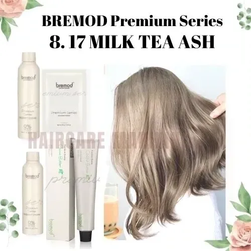 8.17 Milk Tea Ash Bremod Premium Series With Oxidant Cream- Bremod Cocoa Butter Hair Color and Bleach Set