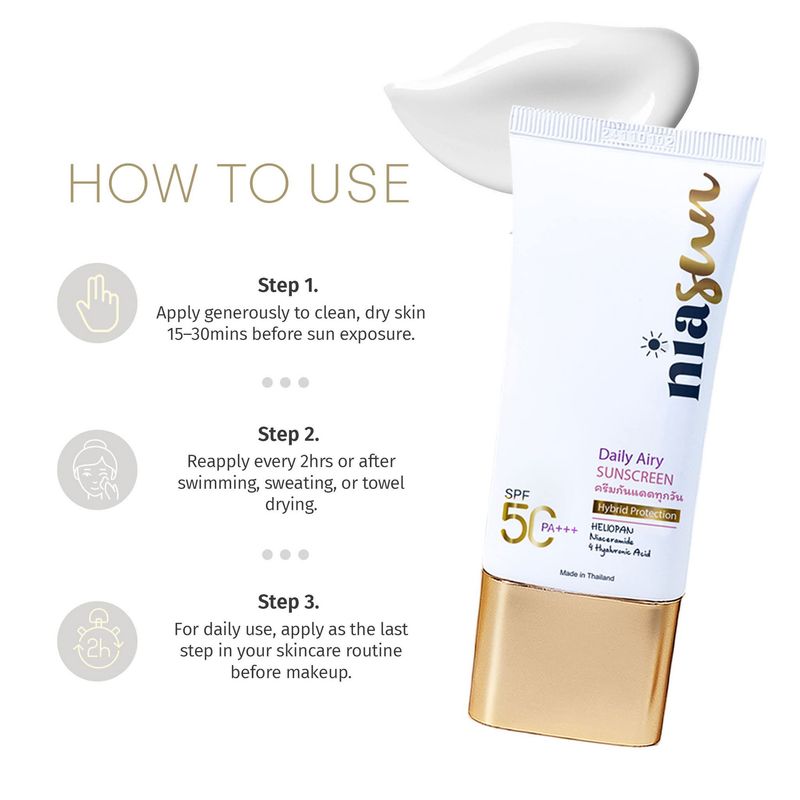 NIASUN Daily Airy Sunscreen Hybrid Protection SPF 50 PA+++ | Lightweight &amp; Hydrating | Broad-Spectrum UVA/UVB Protection - 50ml