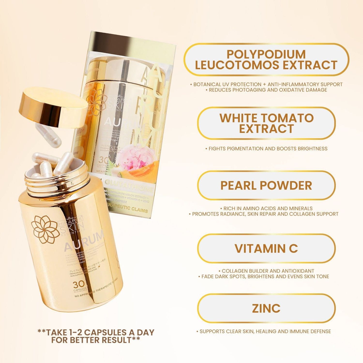 hikari aurum glutathione Hikari Skin Essentials AURUM S-Acetyl Glutathione Antioxidant Complex with Sakura, White Tomato & Ceramide – Skin Support Supplement – 30 Capsules