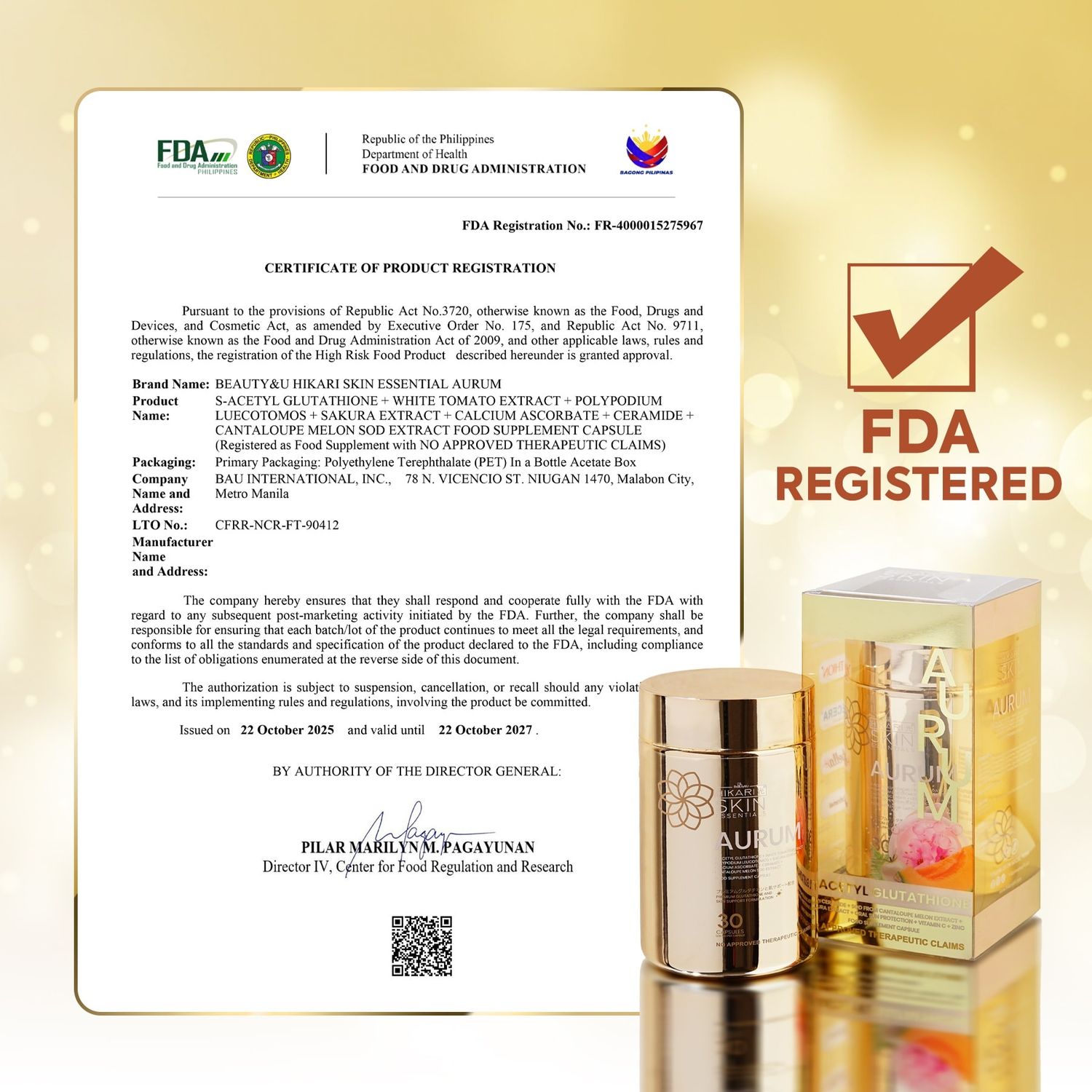Hikari Skin Essentials AURUM S-Acetyl Glutathione Antioxidant Complex with  Sakura, White Tomato & Ceramide  Skin Support Supplement  30 Capsules