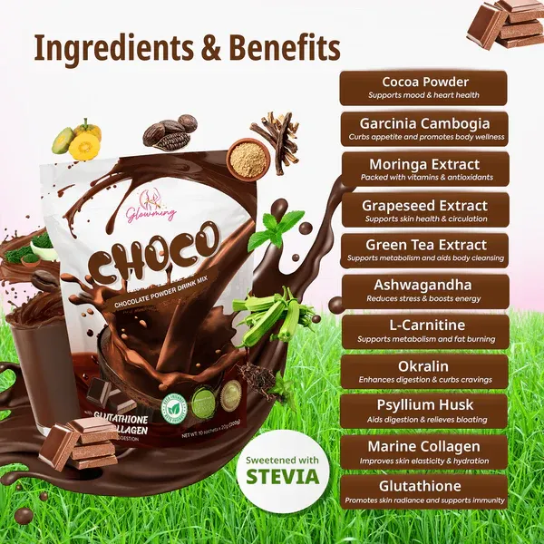 Cris Cosmetics Glowming Choco - Glutathione & Collagen Drink Mix | 20g x 10  Sachets