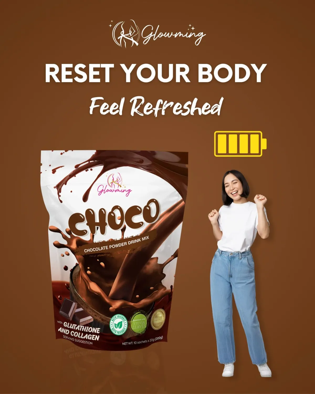 Cris Cosmetics Glowming Choco - Glutathione &amp; Collagen Drink Mix | 20g x 10 Sachets