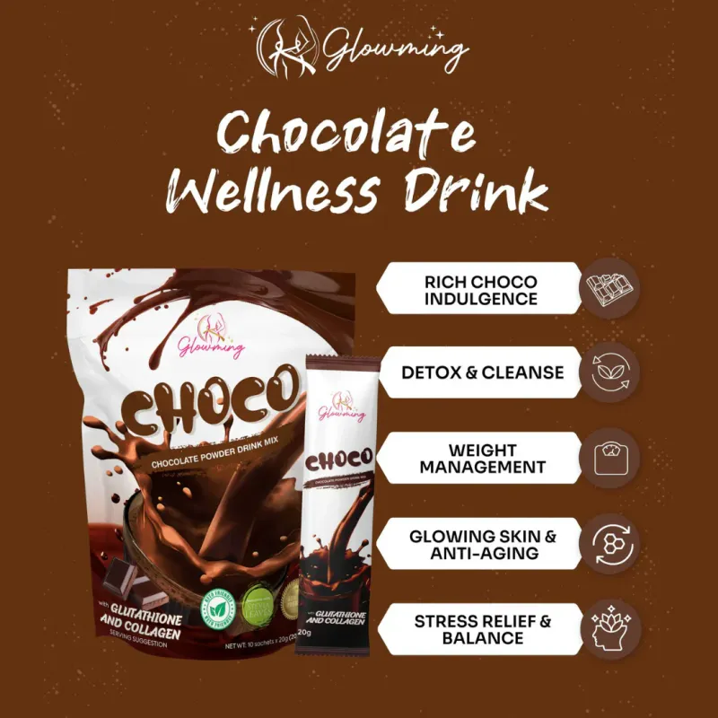 Cris Cosmetics Glowming Choco - Glutathione &amp; Collagen Drink Mix | 20g x 10 Sachets