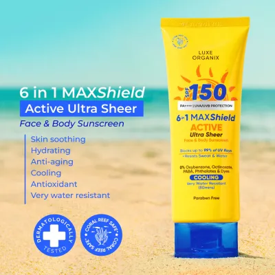 Luxe Organix SPF 150 PA++++ UVA/UVB Protection 6in1 Maxshield Active Ultra Sheer Face &amp; Body Sunscreen 100ml