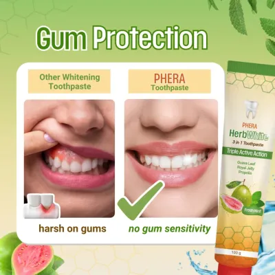 Phera HerbWhite 3‑in‑1 Toothpaste Triple Active Action – Herbal Whitening &amp; Gum Protection with Guava Leaf, Royal Jelly &amp; Propolis | Gentle Anti‑Microbial Formula | 100g