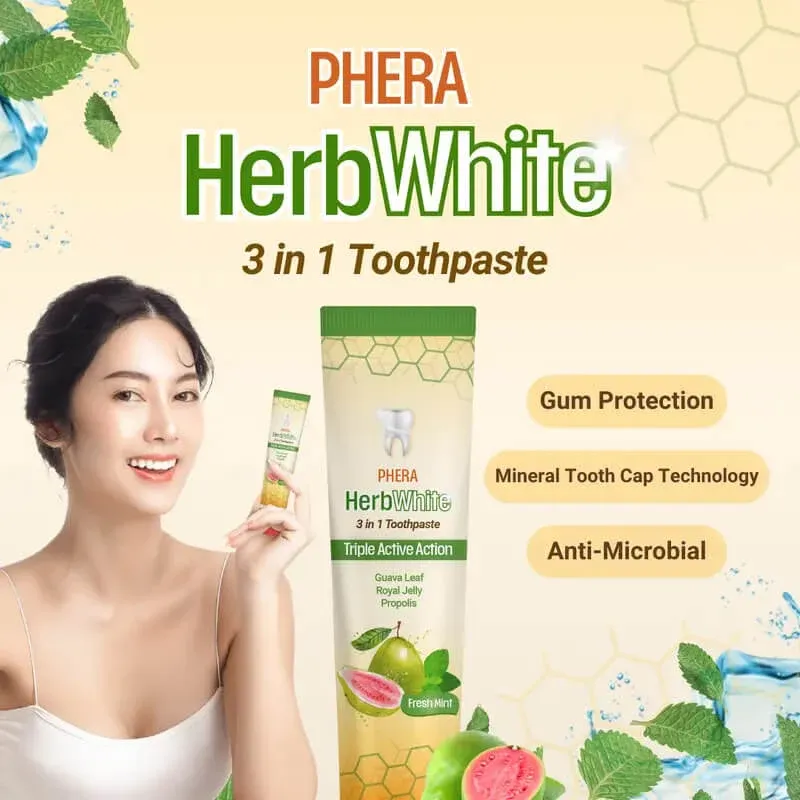 Phera HerbWhite 3‑in‑1 Toothpaste Triple Active Action – Herbal Whitening &amp; Gum Protection with Guava Leaf, Royal Jelly &amp; Propolis | Gentle Anti‑Microbial Formula | 100g