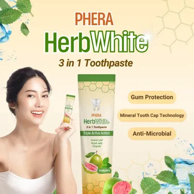 Phera HerbWhite 3‑in‑1 Toothpaste Triple Active Action – Herbal Whitening &amp; Gum Protection with Guava Leaf, Royal Jelly &amp; Propolis | Gentle Anti‑Microbial Formula | 100g