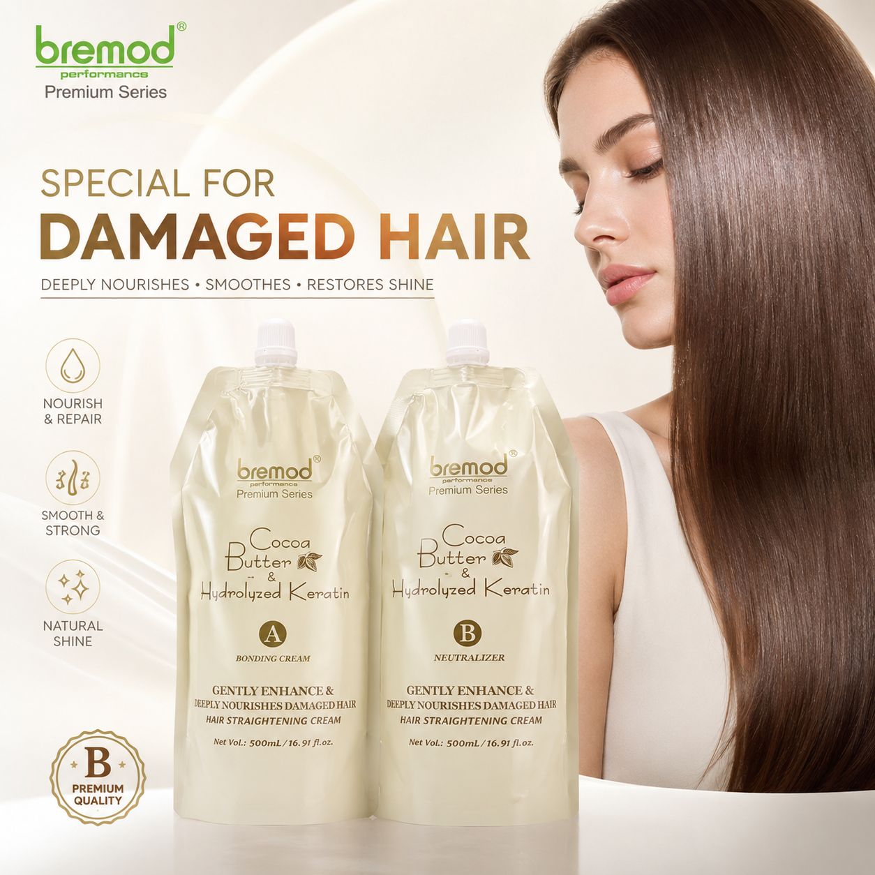 Bremod Premium Series Cocoa Butter &amp; Hydrolyzed Keratin Hair Straightening Cream for Damaged Hair