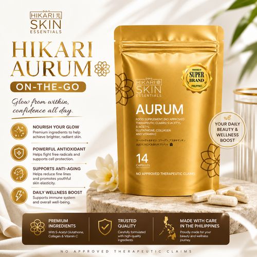 Hikari Skin Essentials AURUM ON-THE-GO POUCH - S-Acetyl Glutathione Antioxidant Complex with Sakura, White Tomato &amp; Ceramide – Skin Support Supplement – 14 Capsules