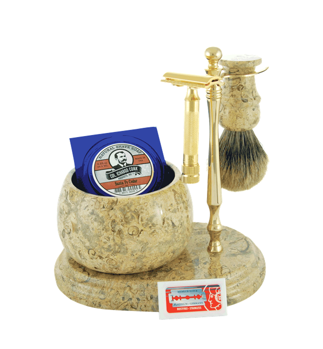 6pc. HAND CRAFTED MARBLE SHAVE SET in Fossil #250G-DE