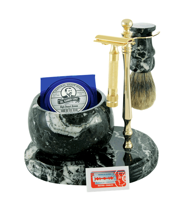 6pc. HAND CRAFTED MARBLE SHAVE SET in Black (Zebra) #251G-DE