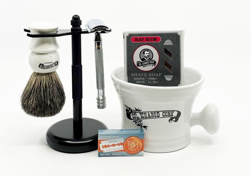 WHITE DE SHAVE SET 6PC. with Long Handle Razor #294-W