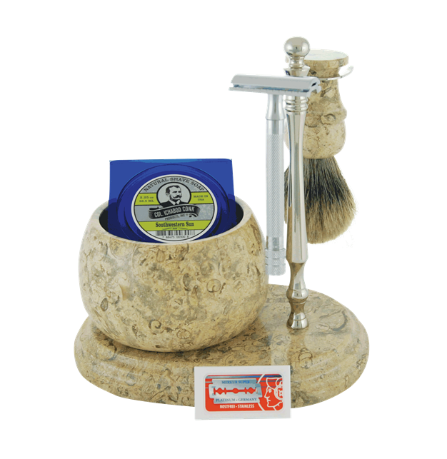 6pc. HAND CRAFTED MARBLE SHAVE SET  in Fossil #250C-DE