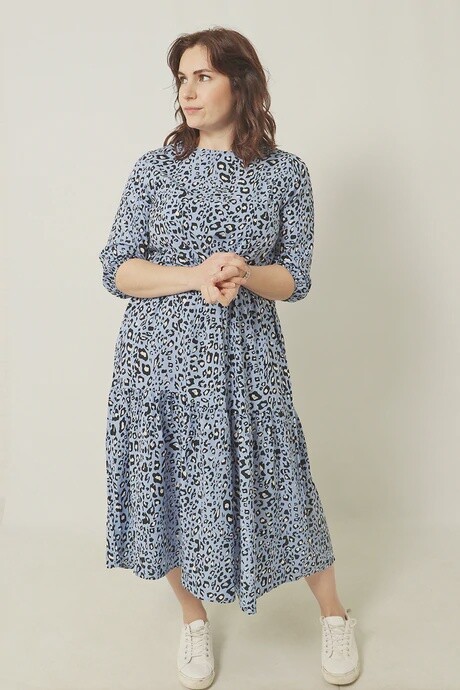 Blue Leopard Print Tiered Dress