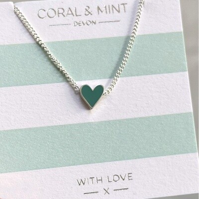 Coral & Mint Heart Enamel Necklace - Green
