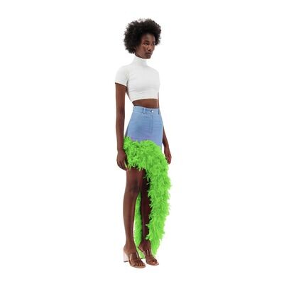 Denim Asymmetrical Feather Trim Skirt